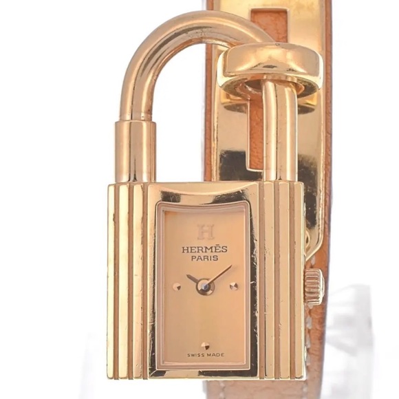 Authentic Hermes Kelly Watch Gold Lock Tan Leather band womens - Picture 2 of 14